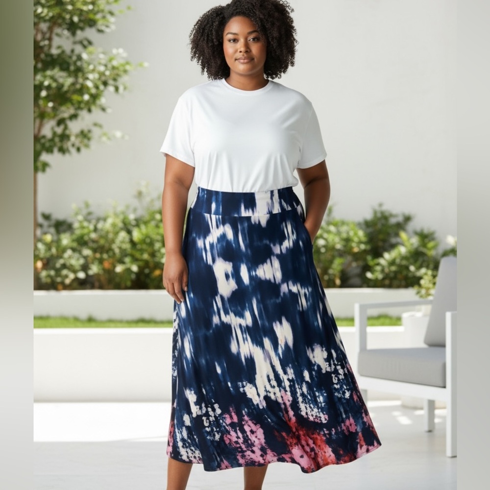 Valerie Stevens Womens Blue & Pink Watercolor Stretch Maxi Skirt Size XL